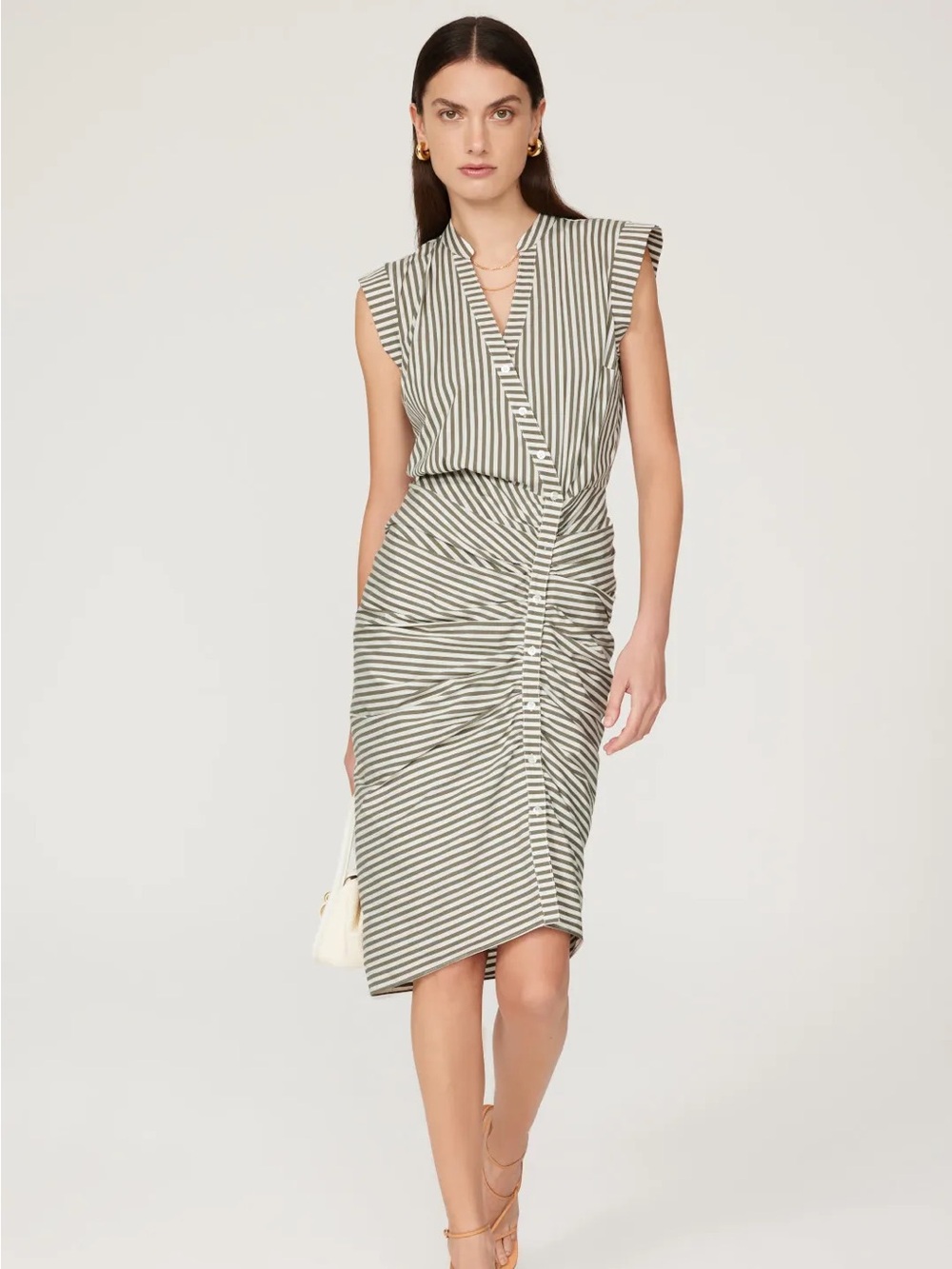 Veronica Beard Olive Green Striped Sleeveless Ruched Dress Flaw Broke Zipper